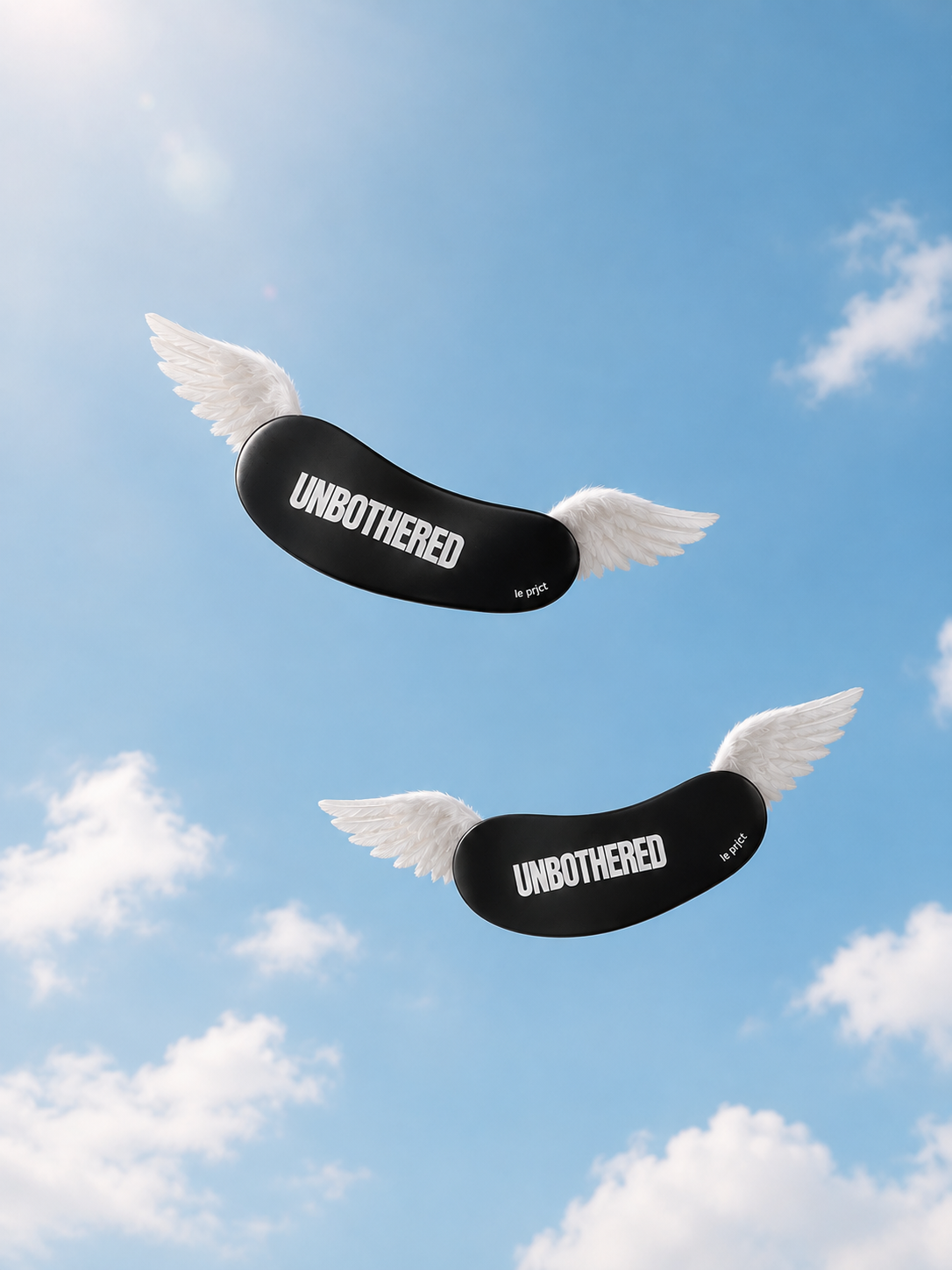UNBOTHERED reusable eye masks floating in a blue sky